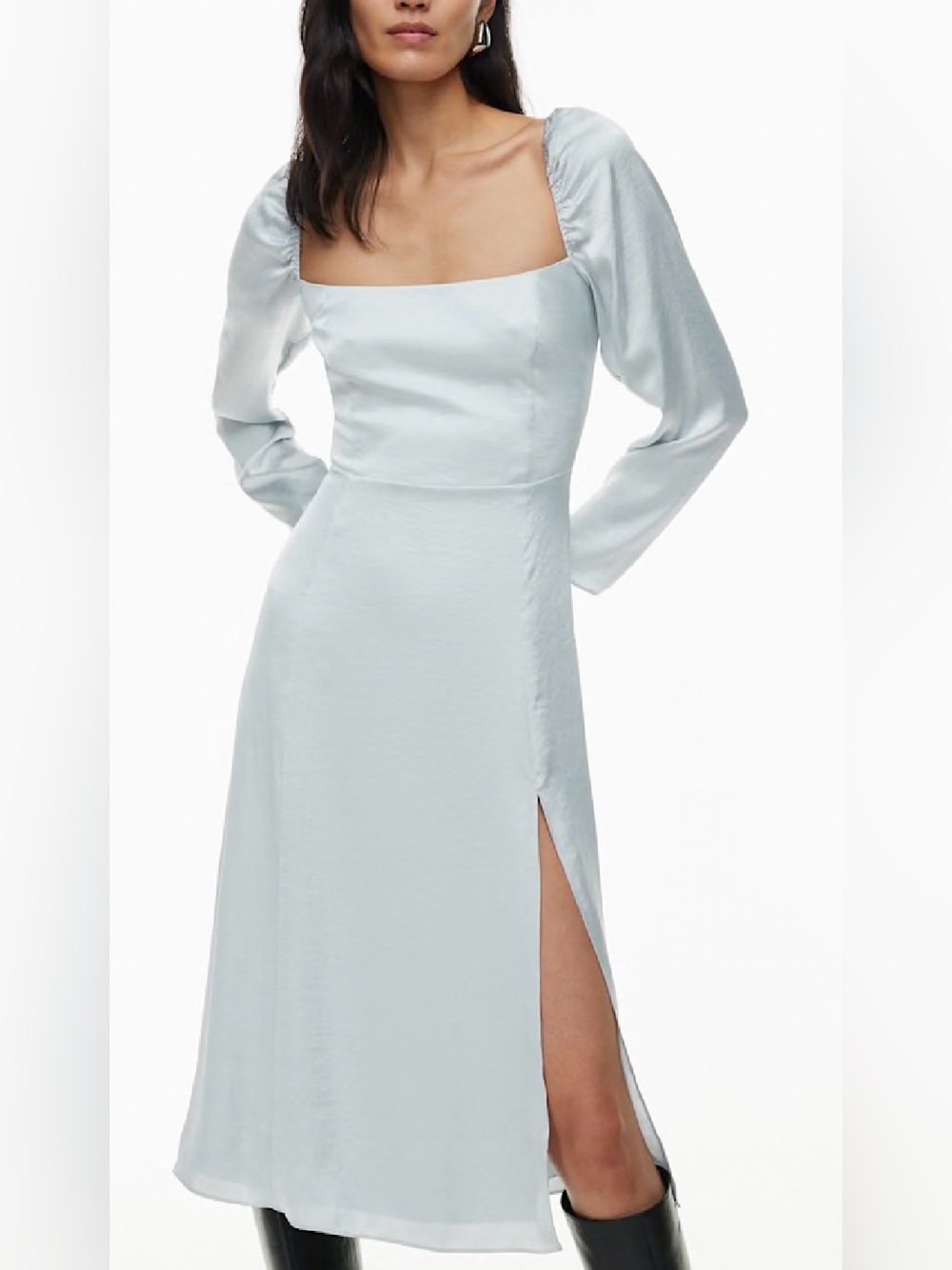 Square-Neck Long Sleeve Satin Dress in Sterling Blue